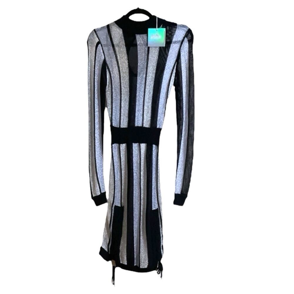 Black Silver Striped Bodycon Mini Dress Lace Up Sides Long Sleeve - Picture 2 of 16
